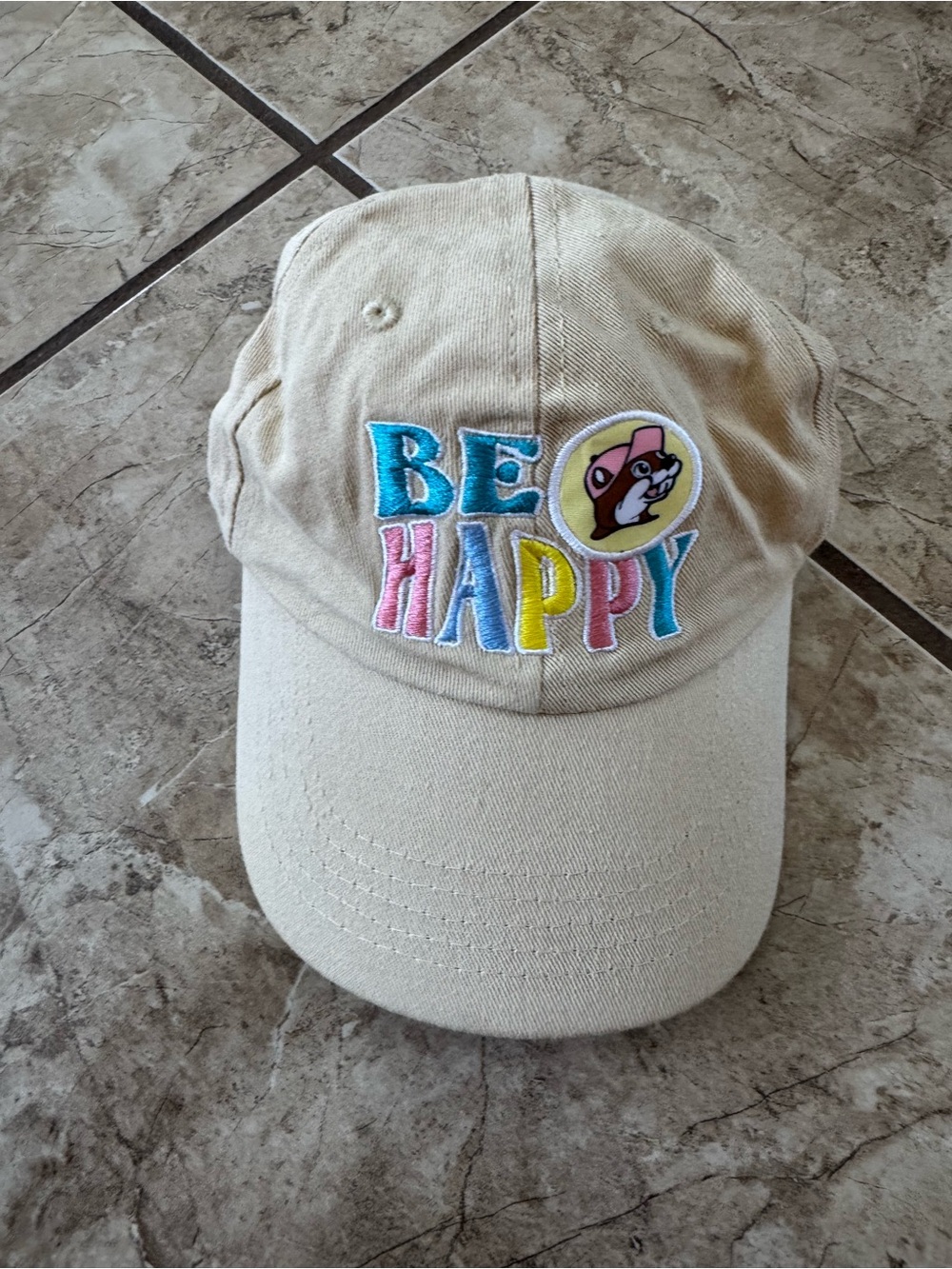 Be Happy Embroidered Beige Kids Cap with Colorful Lettering
